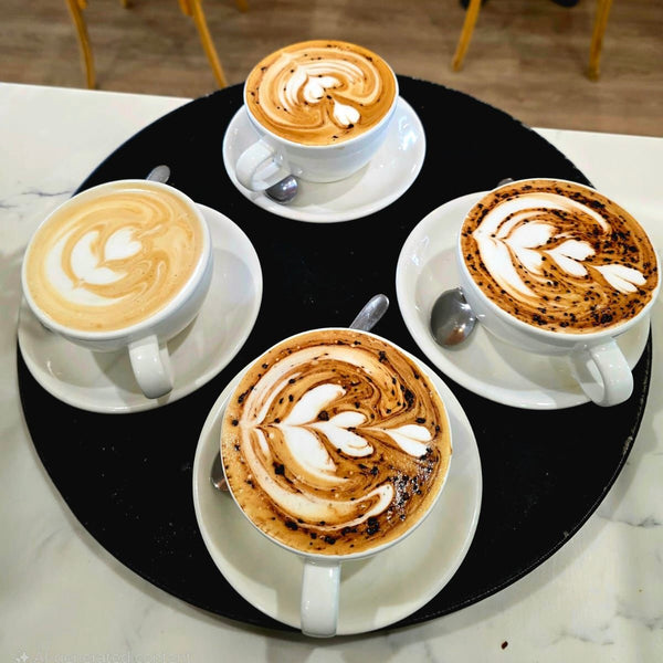 Flat whites and cappuccinos with latte art at L'Anse