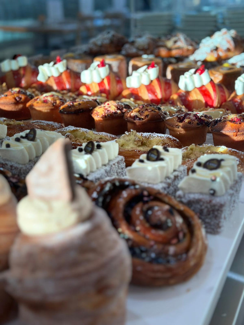 Pastry cabinet at L'Anse French Café, Port Lincoln, where the gluten-free lemon slice is served